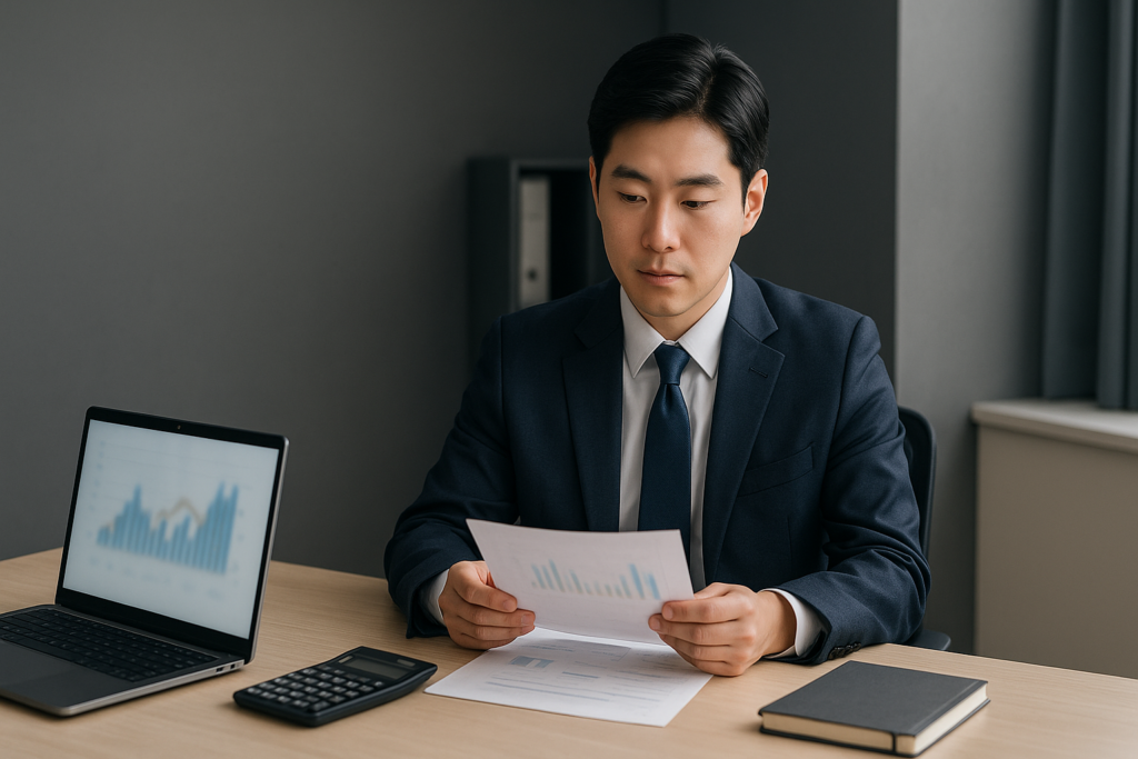 코인 과세 신고를 준비하며 노트북으로 세금 계산표를 검토하는 모습