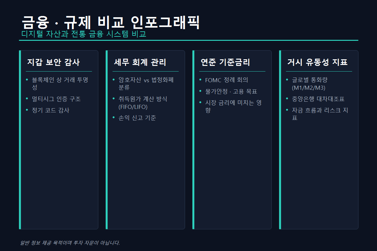 가상자산 핵심 지표인 규제 준법, 보안 리스크, 세금 회계, 거시경제를 4단으로 비교한 인포그래픽