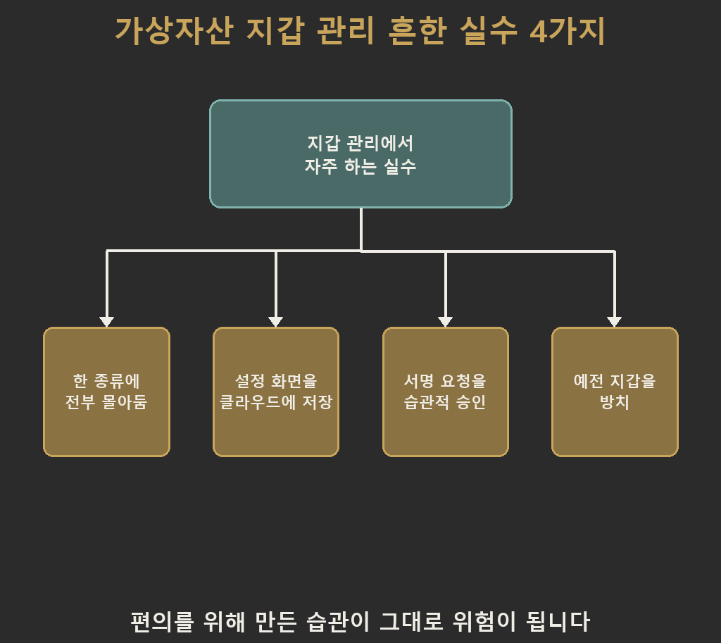 가상자산 지갑 종류를 관리할 때 자주 하는 실수 4가지 — 한 종류에 전부 몰아둠, 설정 화면을 클라우드에 저장, 서명 요청을 습관적으로 승인, 예전 지갑을 방치가 하나의 뿌리에서 갈라져 나오는 다이어그램