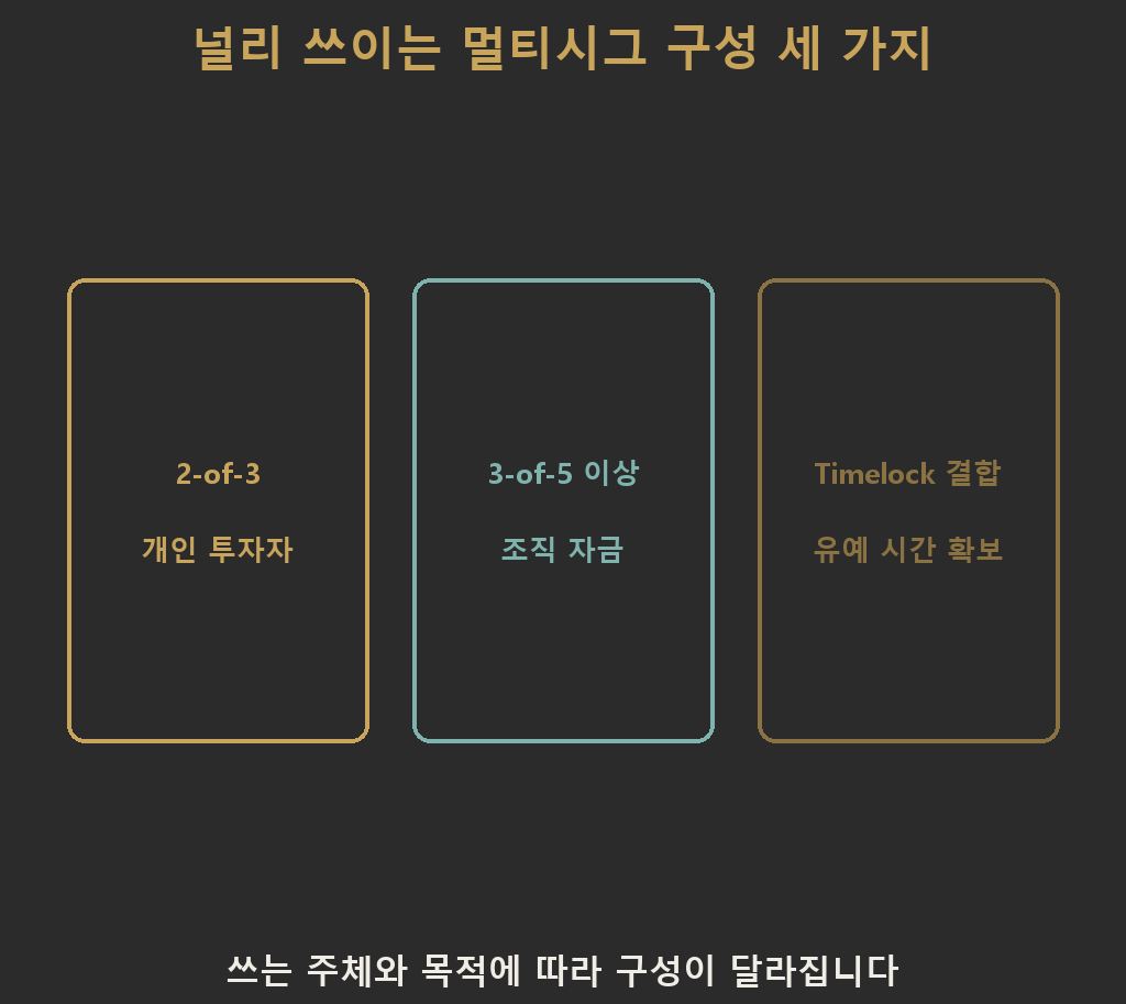 멀티시그 지갑의 실제 구성 방식 세 가지, 즉 개인 투자자가 주로 쓰는 2-of-3, 조직 자금에 쓰이는 3-of-5 이상, 시간 지연을 결합한 구성을 나란히 비교하는 이미지