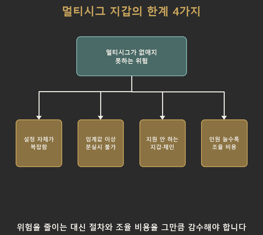 멀티시그 지갑이 없애지 못하는 위험 4가지 — 설정 자체의 복잡함, 임계값 이상 분실 시 복구 불가, 지원 안 하는 지갑·체인, 인원이 늘수록 커지는 조율 비용을 보여주는 다이어그램