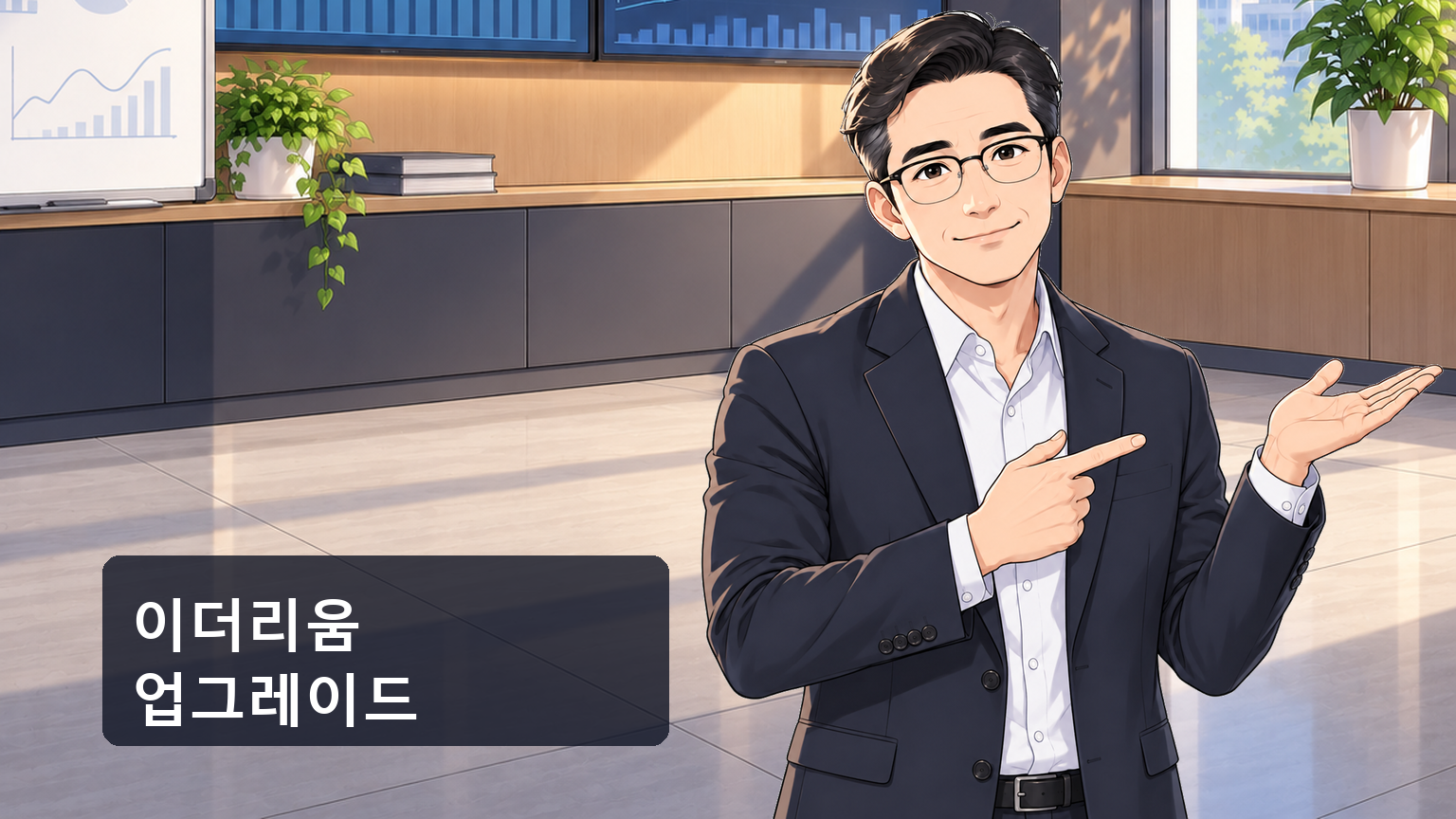 이더리움 업그레이드 로고가 그려진 화면 앞에서 작업증명에서 지분증명으로, 그리고 이후 업그레이드로 이어지는 화살표 흐름을 손끝으로 짚어보는 30대 남성 투자자의 모습