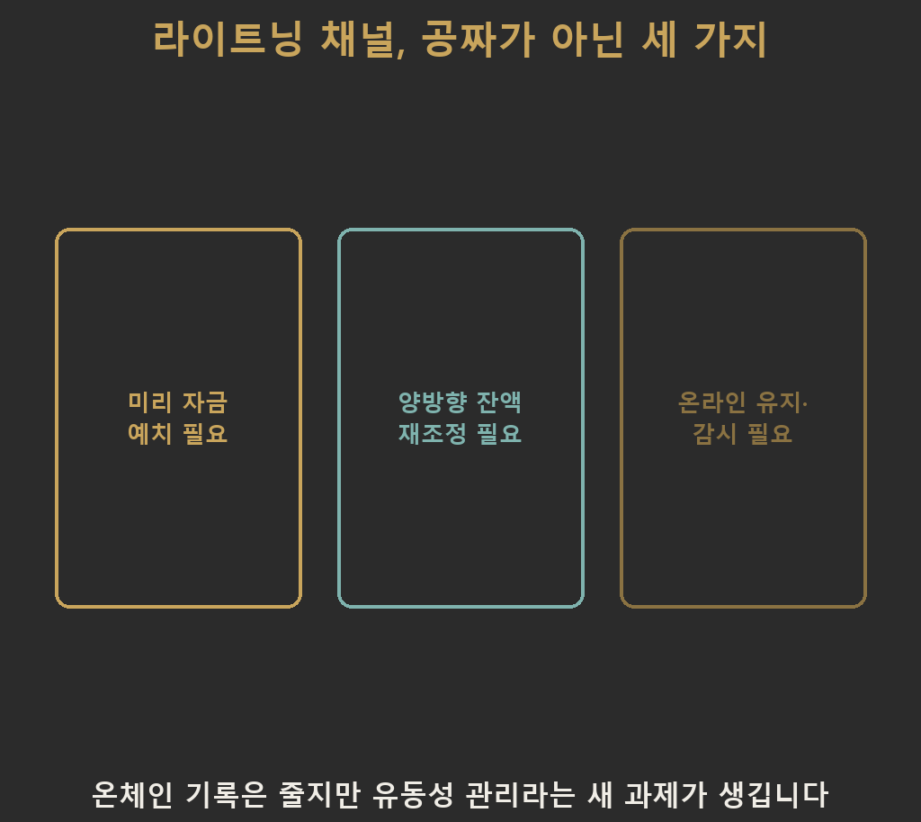 라이트닝 네트워크 채널을 유지하려면 미리 자금을 예치해야 하고, 양방향 잔액을 재조정해야 하며, 온라인 상태 유지와 감시가 필요하다는 세 가지 숨은 비용을 정리한 카드