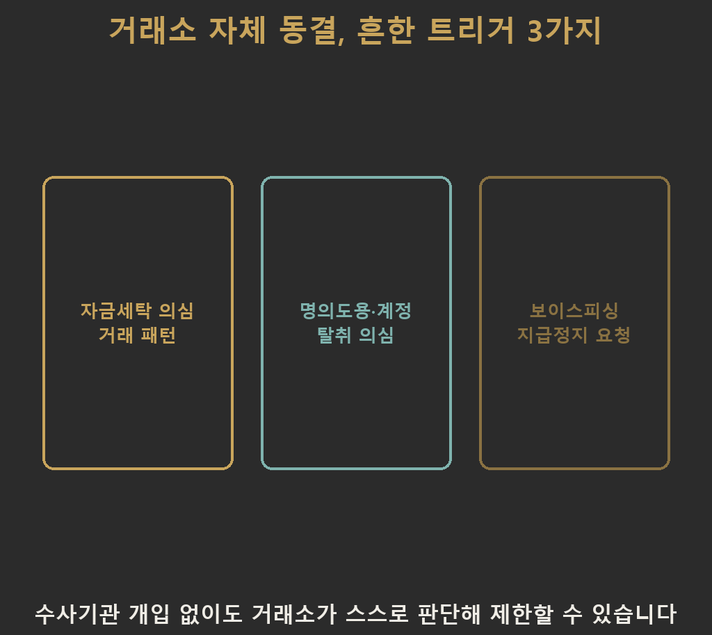 가상자산 압류와 별개로 거래소가 수사기관 개입 없이 스스로 계정을 동결하는 흔한 트리거 세 가지 — 자금세탁 의심 거래 패턴, 명의도용·계정탈취 의심, 보이스피싱 지급정지 요청을 보여주는 카드