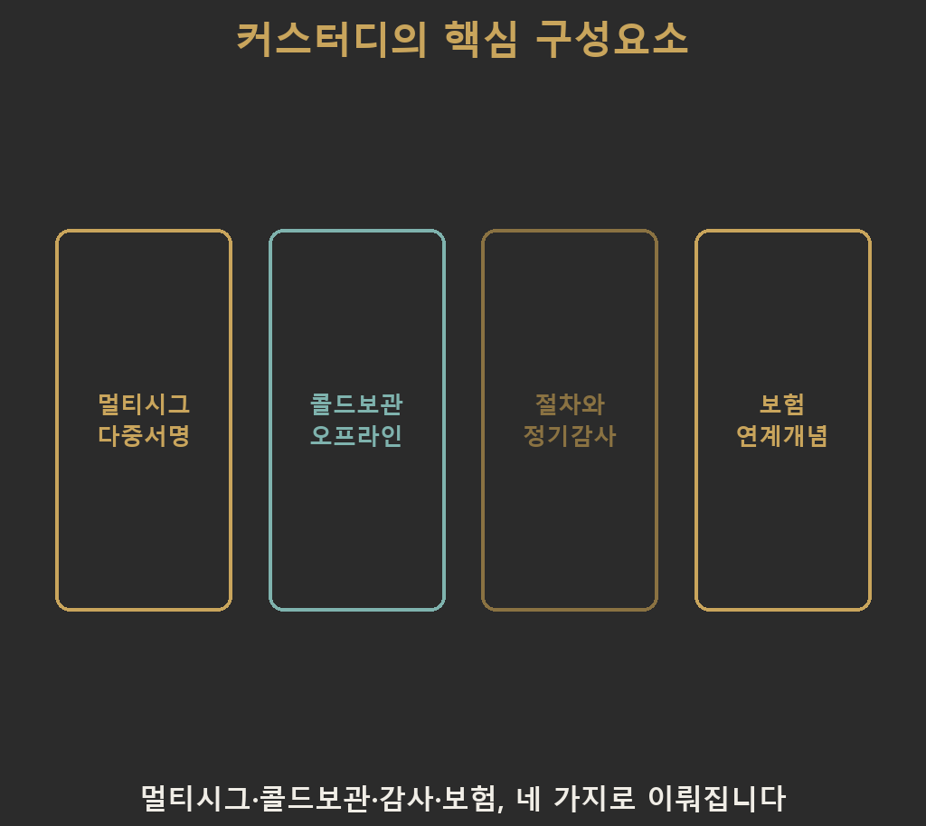 가상자산 커스터디의 핵심 구성요소 네 가지 — 멀티시그(다중서명), 콜드 스토리지 중심 보관, 절차와 정기 감사, 보험 연계 개념을 나란히 정리한 카드