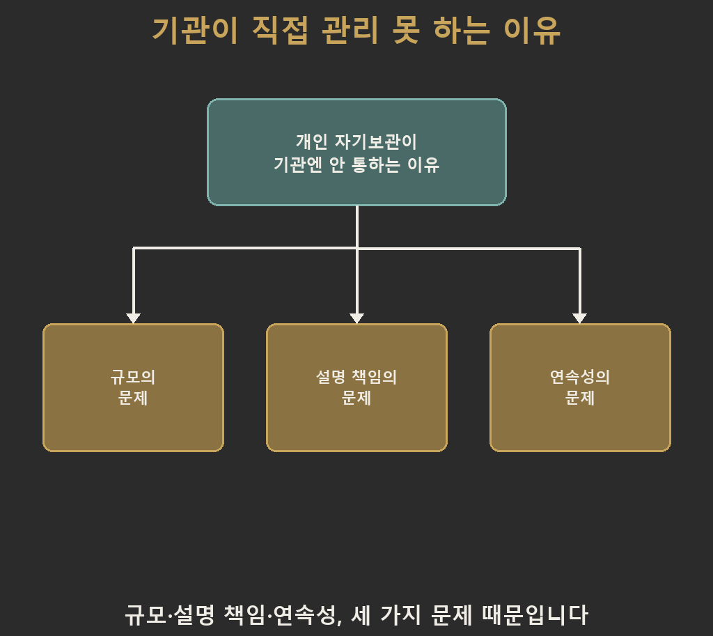 가상자산 커스터디가 필요한 이유로 규모의 문제, 설명 책임의 문제, 연속성의 문제 세 가지가 개인 자기보관 원칙 하나에서 갈라져 나오는 구조를 보여주는 다이어그램