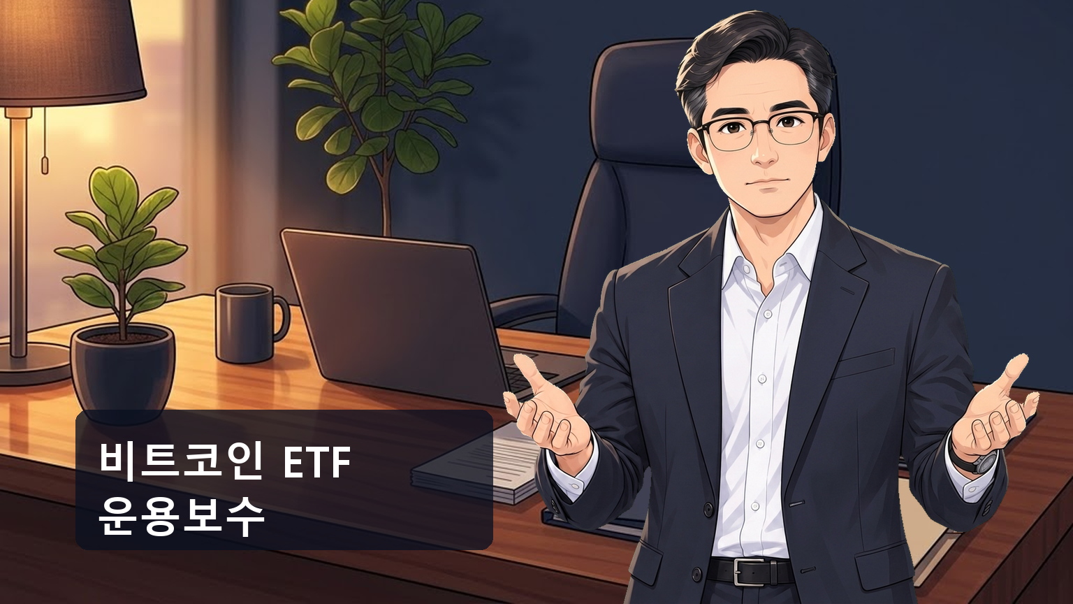 두 개의 비트코인 현물 ETF 상품설명서를 나란히 펼쳐 놓고 비트코인 ETF 운용보수(Expense Ratio) 항목에 손가락을 짚어가며 숫자를 비교하는 30대 남성 투자자의 모습