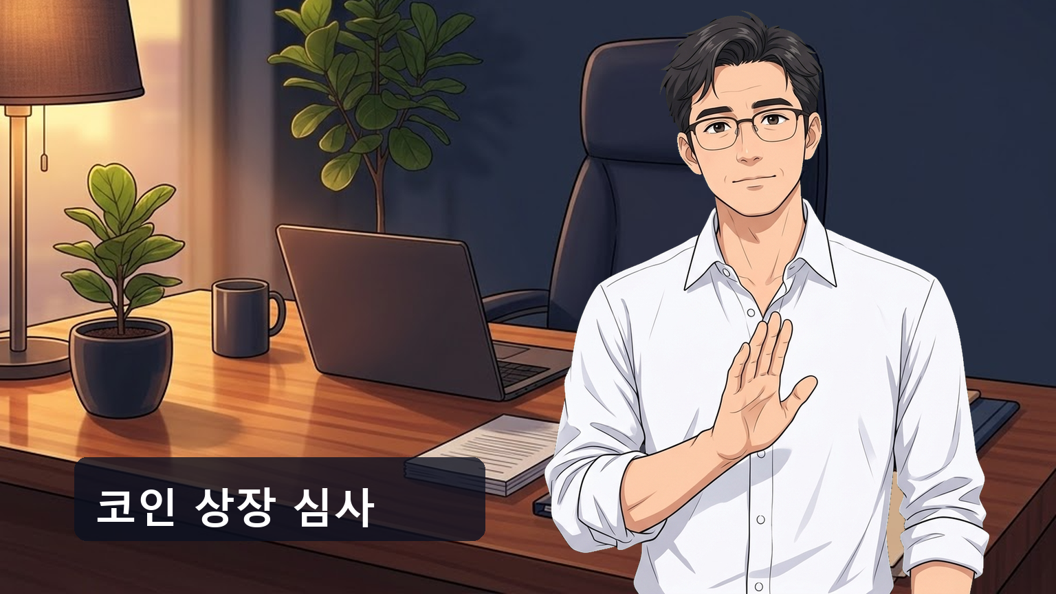 거래소 상장 심사 서류와 노트북 화면의 코인 프로젝트 자료를 함께 검토하는 30대 남성 투자자의 책상 위 장면