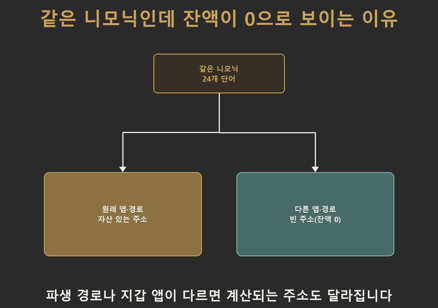 니모닉 복구 실패의 대표 원인 하나 — 같은 니모닉 24개 단어를 원래 앱·경로로 열면 자산이 있는 주소가, 다른 앱·경로로 열면 빈 주소(잔액 0)가 나오는 갈림을 보여주는 다이어그램