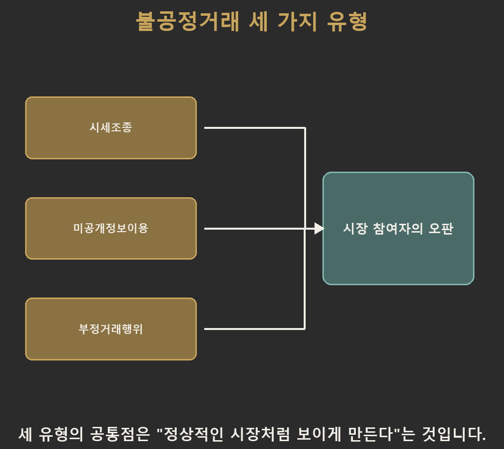가상자산이용자보호법 불공정거래 규제의 시세조종·미공개정보이용·부정거래행위 세 유형이 각각 다른 방식으로 시장 참여자를 오판하게 만드는 구조를 분류한 개념도