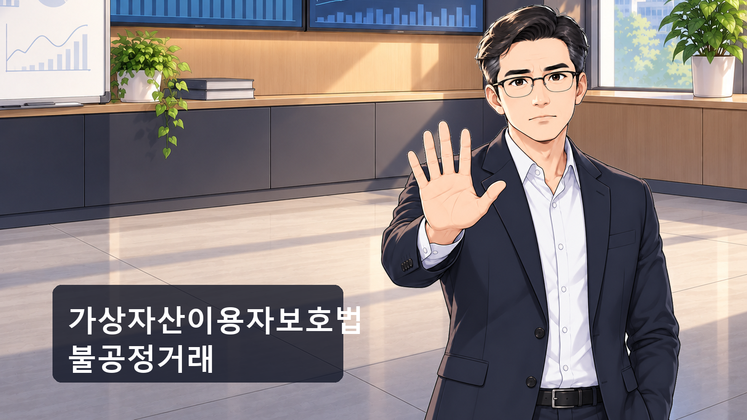 가상자산이용자보호법 불공정거래 규제를 상징하는 이미지로, 비정상적으로 급등하는 코인 차트 화면과 그것을 신중하게 지켜보는 투자자의 표정을 함께 보여주는 장면