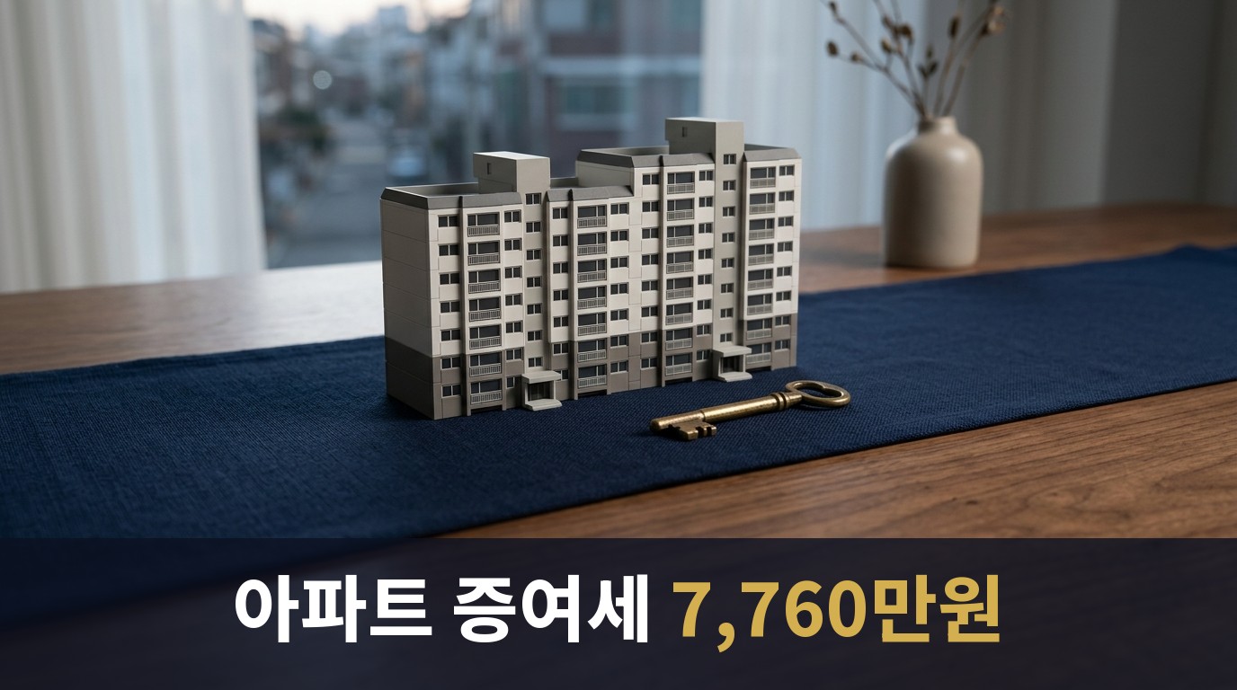남색 테이블 러너 위에 아파트 건물 모형과 황동 열쇠가 놓인 사진, 아래 띠에 '아파트 증여세 7,760만원' 제목