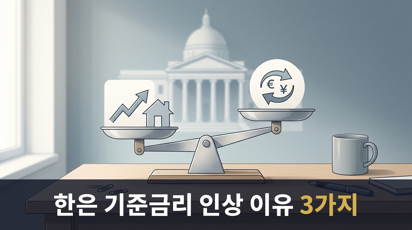 물가 상승선·집 모형·환율 화살표라는 세 개의 추상 아이콘을 저울에 올려 균형을 맞추는 모습 뒤로 중앙은행 건물 실루엣이 흐릿하게 비치는 절제된 금융 편집 이미지 — 한은 기준금리 인상 이유를 구성하는 세 요소를 은유적으로 표현, 텍스트나 숫자 없음