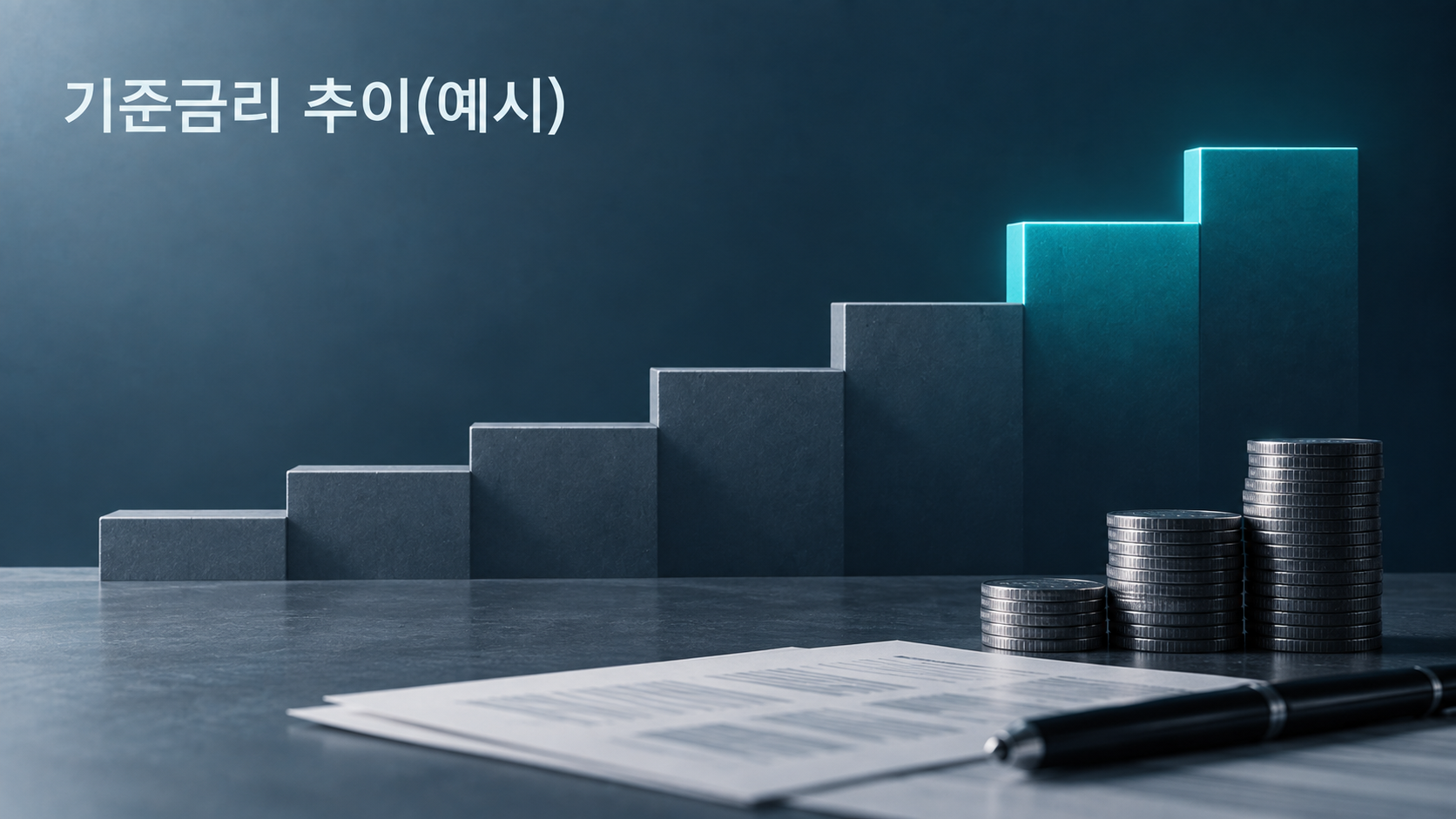 기준금리 추이를 보여주는 계단형 개념도, 최근 두 차례 인상 구간이 강조되어 있고 예시임을 표시하는 라벨이 있음