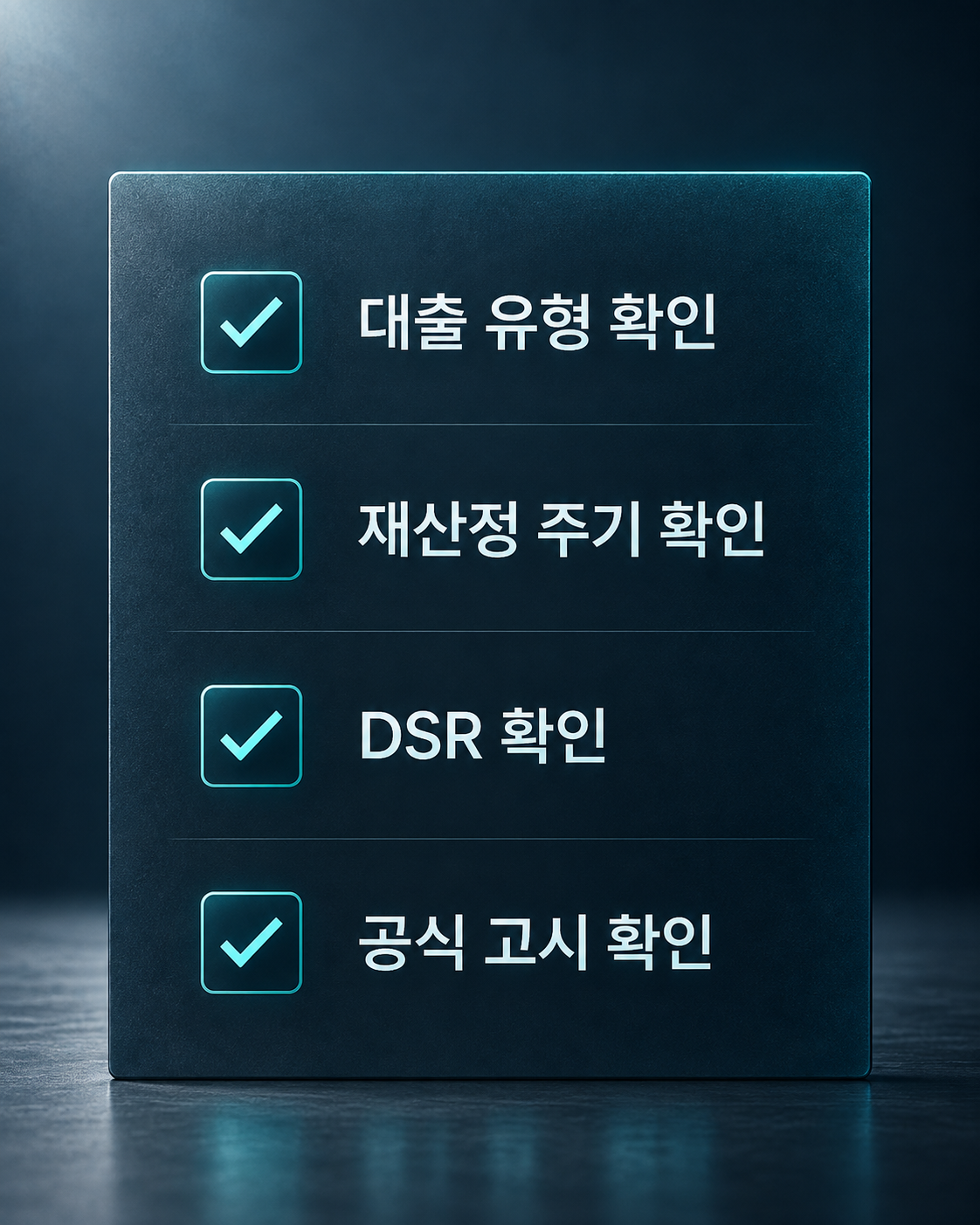대출 유형 확인, 재산정 주기 확인, DSR 확인, 공식 고시 확인 네 항목이 각각 체크 표시된 카드형 체크리스트 이미지