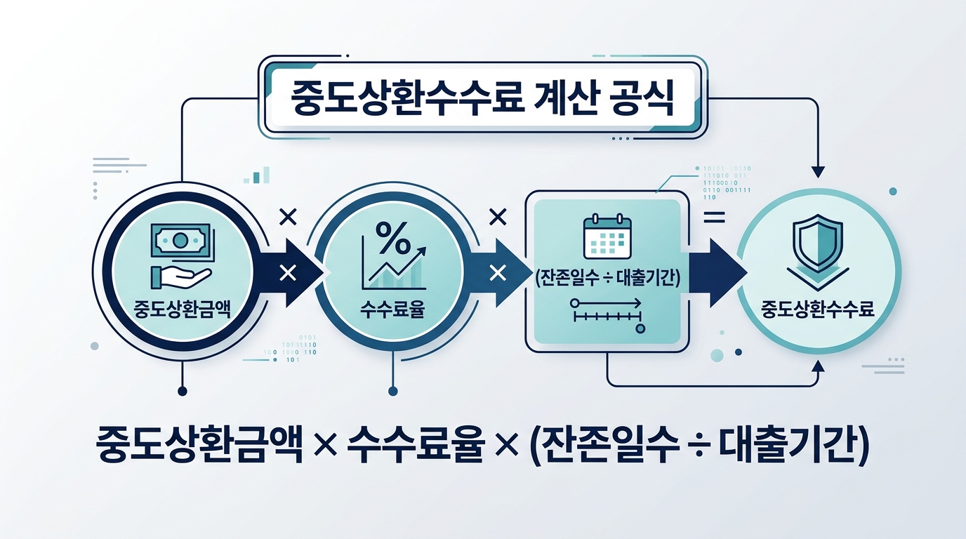 중도상환수수료 계산 공식을 상환금액·수수료율·잔존일수÷대출기간 세 요소의 곱으로 보여주는 개념 다이어그램