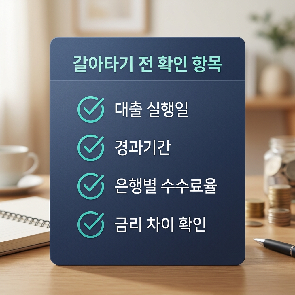변동형 고정형 주담대 갈아타기 체크리스트 — 대출 실행일, 경과기간, 은행별 수수료율, 금리 차이 확인 네 항목이 체크 표시된 카드형 이미지