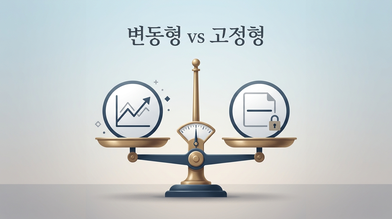 저울 양쪽에 변동형과 고정형을 상징하는 아이콘이 균형을 이루는 절제된 금융 편집 이미지, 상단에 '변동형 vs 고정형' 한글 텍스트