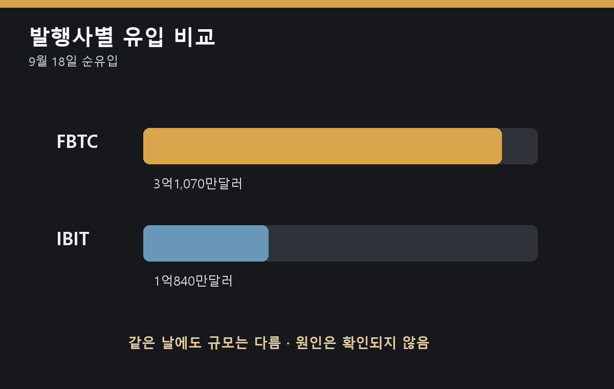 비트코인 ETF 자금 흐름 중 같은 날 FBTC와 IBIT의 순유입 규모가 달랐음을 보여주되, 확인되지 않은 쏠림 원인은 따로 추정하지 않는 발행사 비교 이미지