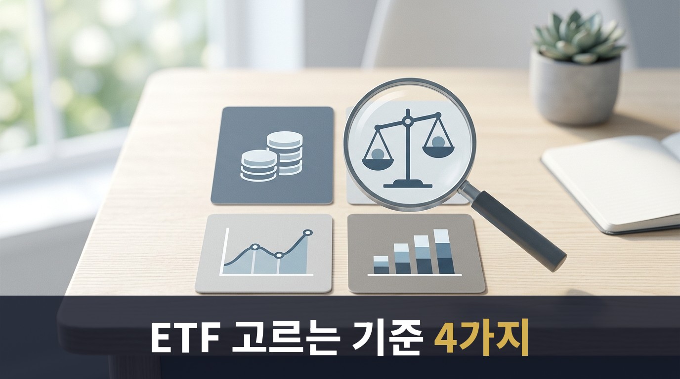 네 개의 카드형 아이콘(동전 더미, 저울, 물결형 그래프, 막대 그래프)을 돋보기로 비교하는 모습으로 ETF 고르는 기준 네 가지를 은유적으로 표현한 절제된 금융 편집 이미지, 텍스트나 숫자 없음