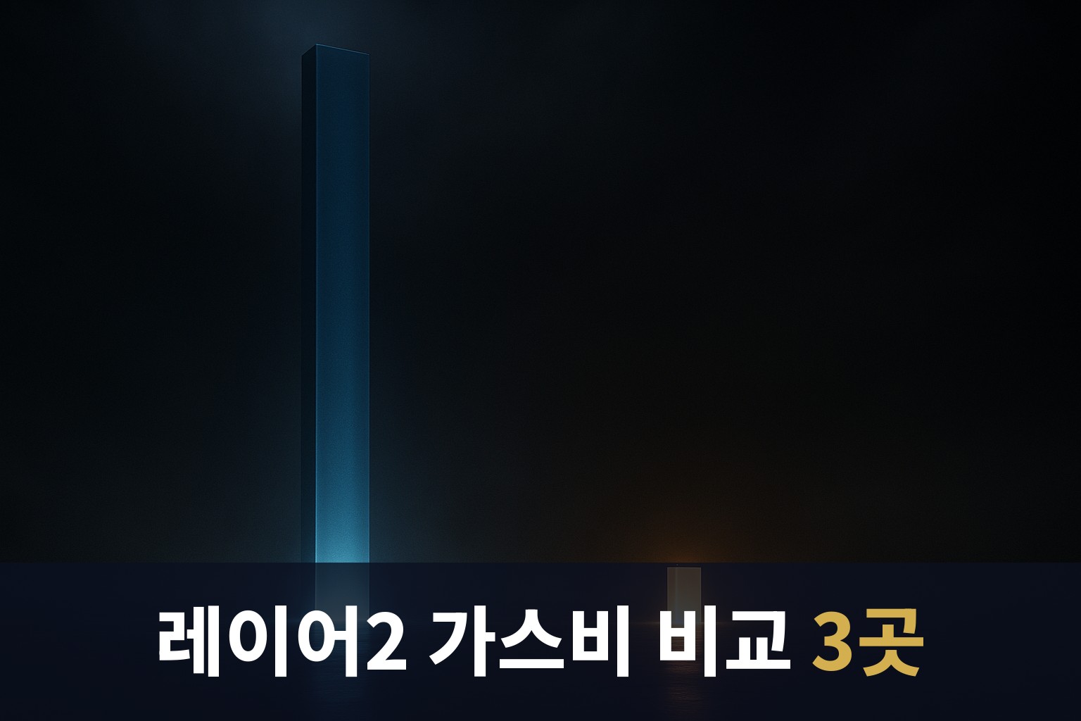 이더리움 메인넷의 높은 수수료와 레이어2 가스비의 격차를 어두운 공간에 세워진 서로 다른 높이의 두 기둥으로 대비해 표현한 개념 이미지로, 왼쪽의 매우 높은 파란 기둥과 오른쪽의 낮은 금색 기둥이 비용 차이를 보여준다