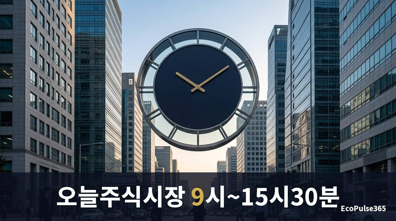 이른 아침 빛이 드는 도심 금융가 빌딩 숲 위로 커다란 벽시계 모양 조형물이 떠 있고, 시곗바늘이 아침 시간대를 가리키는 잔잔한 일러스트. 글자가 적힌 물건은 넣지 않는다.