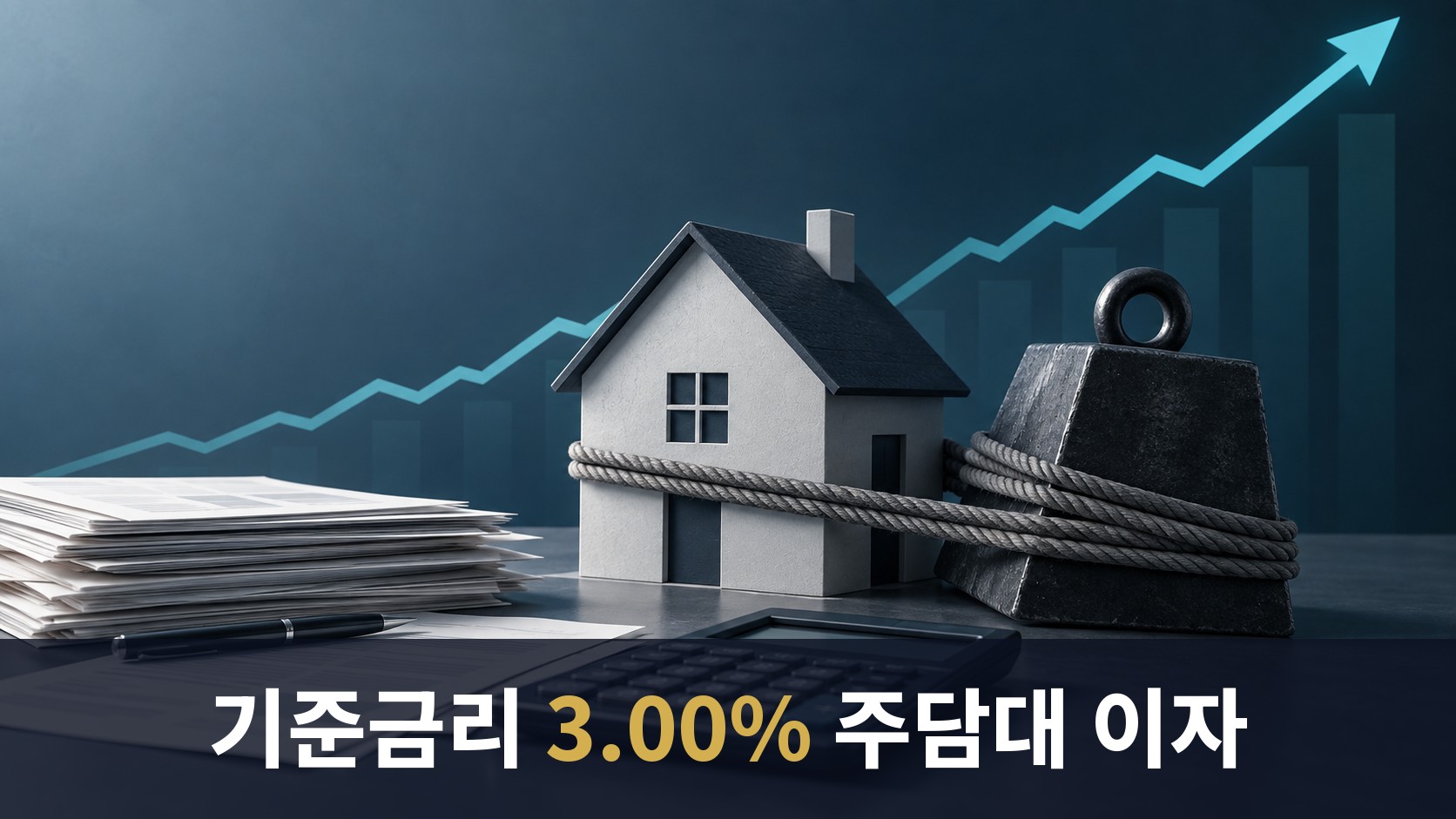 상승하는 그래프 앞에서 밧줄에 묶인 저울추와 집 모형, 계산기와 서류가 놓인 절제된 금융 편집 이미지 — 기준금리 인상과 가계 대출 부담을 은유적으로 표현