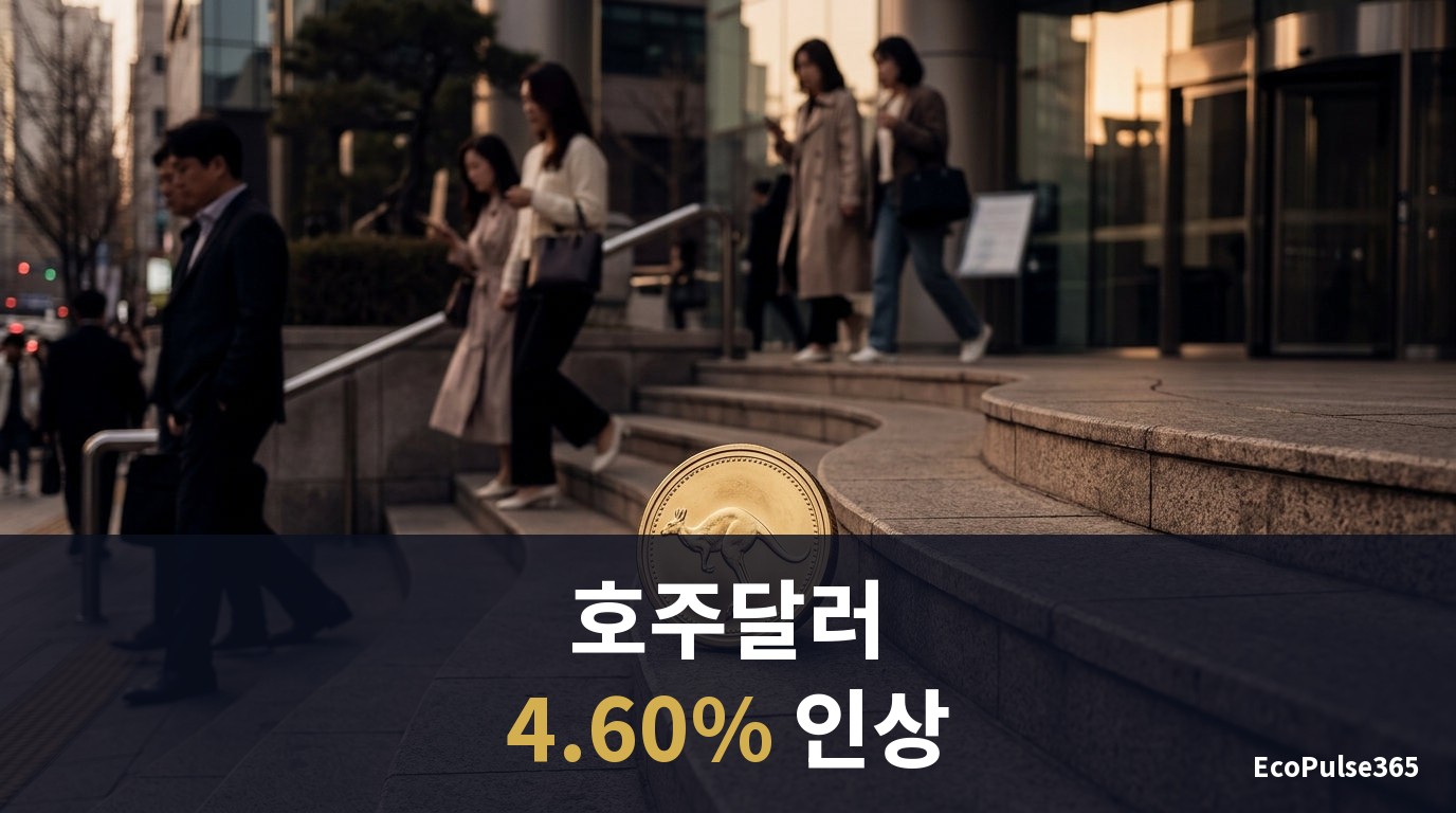 호주달러를 상징하는 금빛 동전 한 닢이 시드니 항구의 해 질 녘 풍경 앞에서 완만하게 기울어진 계단 위에 놓여 있는 장면입니다. 글자와 화면은 넣지 않습니다.