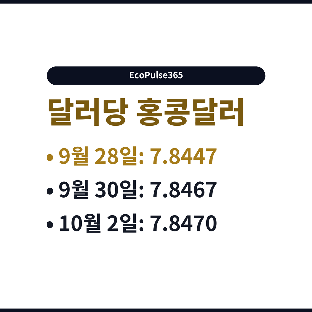 달러당 홍콩달러: 9월 28일: 7.8447, 9월 30일: 7.8467, 10월 2일: 7.8470