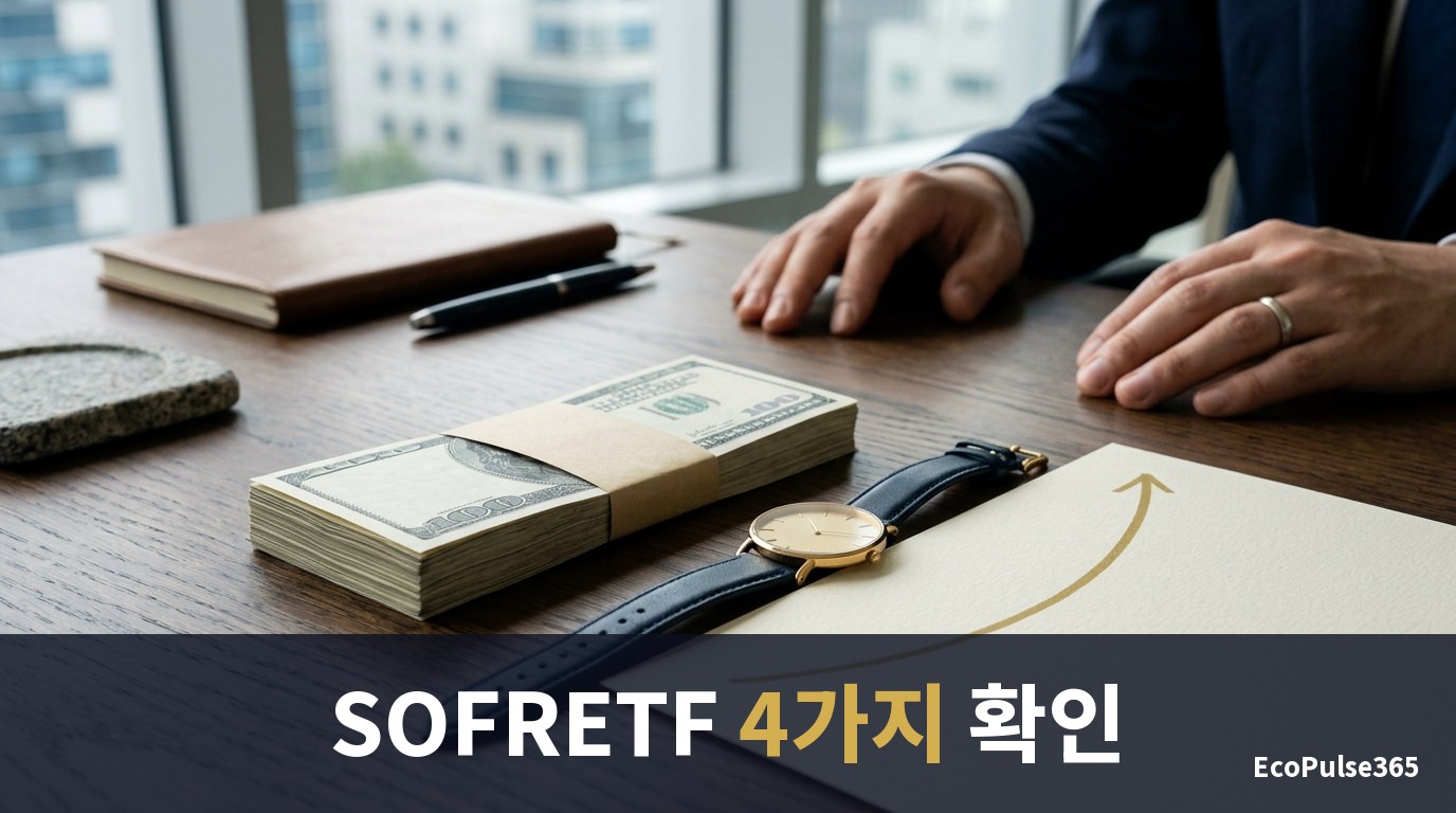 책상 위에 달러 지폐 한 묶음과 얇은 시계, 위로 이어지는 완만한 우상향 곡선이 놓인 차분한 금융 사진풍 장면. 라벨이나 글자가 보이는 물건은 두지 않는다.