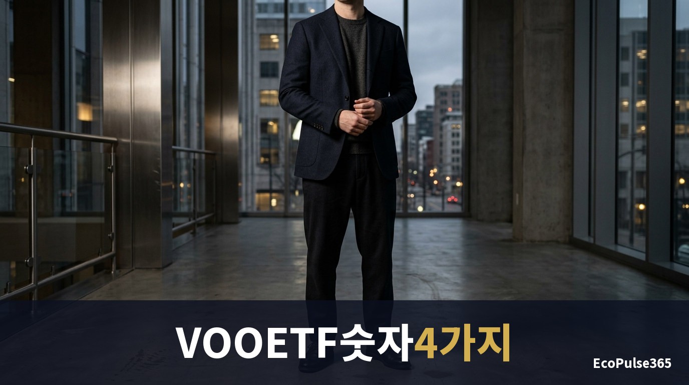 VOOETF를 살펴보는 개인 투자자의 책상 위에 노트북 그래프 화면과 계산기, 메모지가 놓인 차분한 사진 같은 장면으로, 글자나 숫자가 읽히지 않도록 흐리게 처리한다.