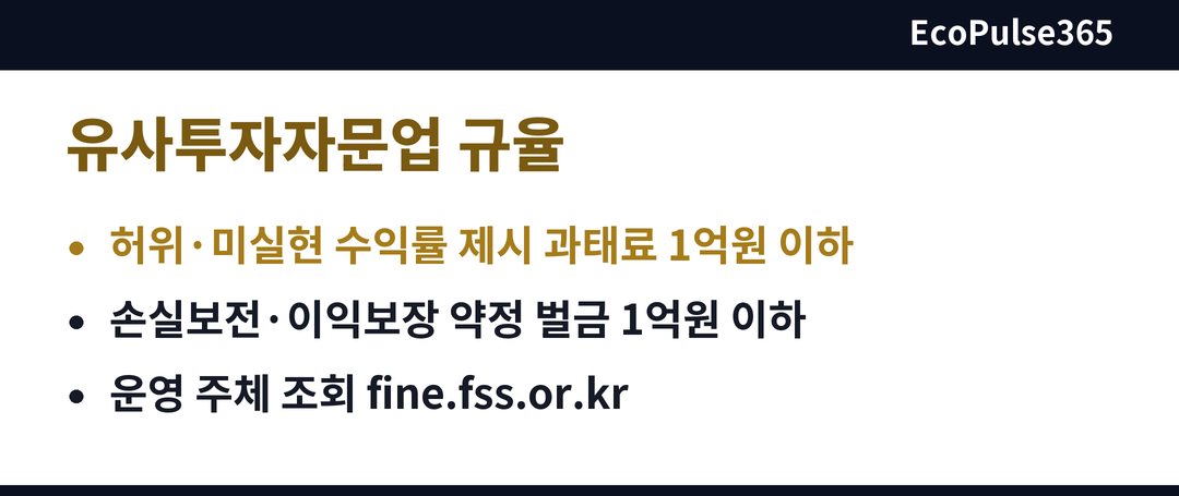 유료 주식정보 서비스에 적용되는 금융위원회 규율의 과태료와 벌금 한도, 파인 조회를 한 장에 모은 요약 카드.